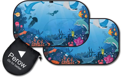 Perow - Zonnescherm Auto - Onderwaterwereld – UV Protectie – Zonnescherm auto kind - Baby - Set van 2
