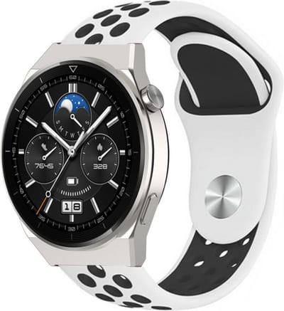 Strap-it Ademend sport siliconen bandje - geschikt voor Huawei Watch GT 1 / GT 2 / GT 3 / GT 3 Pro / GT 4 46mm / GT 5 & 5 Pro (46mm) / GT 2 Pro / GT Runner / Watch 3 (Pro) / Watch 4 (Pro) / Watch Ultimate - wit/zwart