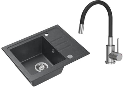 Diepe granieten spoelbak zwart met sifon en kraan 55 x 44 cm - Onderbouw Single Kitchen Sink