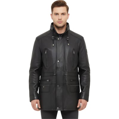 Heren zwarte zachte Italiaanse leren parka jas - Gatton