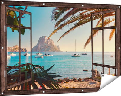 Gards Tuinposter Doorkijk Ibiza Cala d'Hort Strand - 120x80 cm - Tuindoek - Tuindecoratie - Wanddecoratie buiten - Tuinschilderij