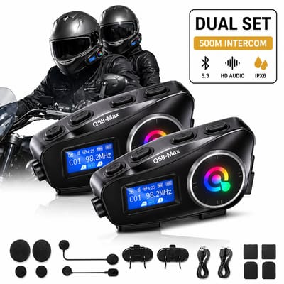 Dutchers® Q58 Motor Intercom Set – 2 Stuks – Draadloze Bluetooth Headset – 500M Bereik – FM Radio – LED Verlichting – IP56 Waterbestendig – Voice Assistant - Motorhelm Headset - Motorcommunicatiesystemen