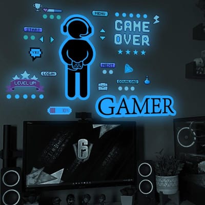Lichtgevende Gamer Jongen Muurstickers Game Letters Element Vinyl Decals Lichtgevend in het Donker Voor Kinderkamer Gaming Kamer Huisdecoratie
