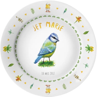 World of Mies geboortebordje met naam – handgeschilderde pimpelmees – gepersonaliseerd kinderbordje - kraamcadeau