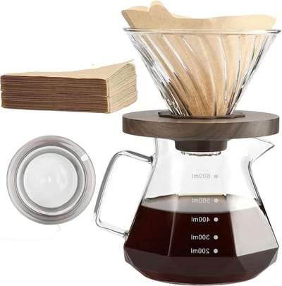 Dailygoods- Koffiezetapparaat 600 ml - Borosilicaatglazen Karaf - 100 Stuks V02-Papierfilter - Walnoothandvat - Pour Over Set - Voor Thuis/Café - Filterkoffiezetapparaat