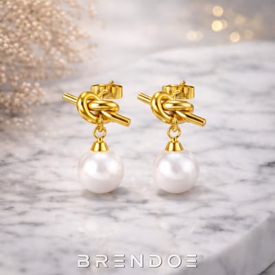 Brendoe Oorbellen Dames – Knoop met Parel – 18K Verguld – RVS 304 – Goudkleurige Statement Oorbellen