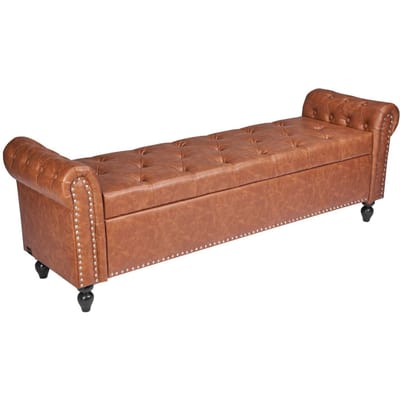 Opbergkruk met knopen, Bank met opgerolde armleuningen van PU-leer met poten van massief hout, Moderne schoenenbank zitje voor hal, Gestoffeerde bank aan het voeteneinde van het bed