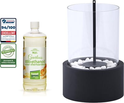 Fancy Flames Bioethanol sfeerhaard zwart rond glas 27x16cm met decoratiestenen + 1 liter KieselGreen Bioethanol premium geurloos