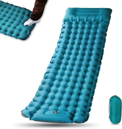 Camping isomat, zelfopblazend, met voetperspomp, 10 cm dik, waterdicht, isomat met hoofdkussen, outdoor opblaasbare luchtmatras, opvouwbare slaapmat voor outdoor, camping, blauw