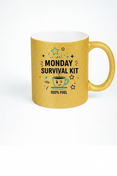 Monday Survival Kit Mok 330ml – Gouden Keramische Koffiemok met 100% Fuel Design – Grappig Kantoor & Koffieliefhebber Cadeau