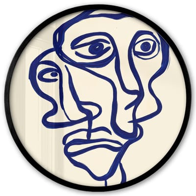 Poster in lijst Rond - Fotolijst 40x40 cm - Posters - Lijntekening - Overlappende gezichten - Donkerblauw - Ronde posterlijst zwart - Decoratie - Wanddecoratie woonkamer - Muurdecoratie slaapkamer