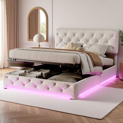 Beige Opbergbed 160x200 Tweepersoons met Hydraulisch Lift, Verstelbaar Hoofdbord & LED aan Voeteneinde