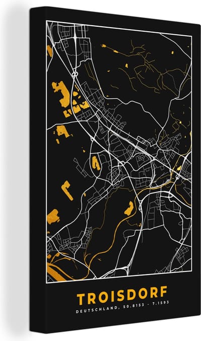 Canvas Schilderij Stadskaart – Plattegrond – Duitsland – Goud – Troisdorf – Kaart - 20x30 cm - Wanddecoratie