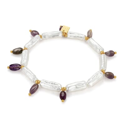 Twice As Nice Armband in high fashion, zoetwaterparels en paarse stenen High Fashion 18cm