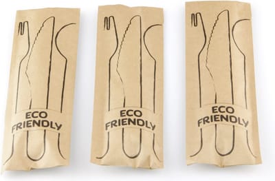 Bestekset vork mes lepel hout FSC®, servet FSC® papier, in zakje FSC® papier | Inhoud: 100 stuks
