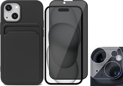Hoesje Pasjeshouder geschikt voor iPhone 15 - Privacy Screenprotector FullGuard + Camera Lens Screen Protector - Siliconen Case Back Cover Zwart