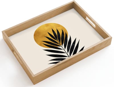 Dienblad hout 40x30 cm - Schootdienblad - Zwart palmblad - Gouden cirkel - Beige achtergrond - Borrelplank rechthoek - Plateau dienbladen