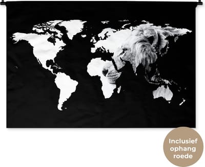 Wandkleed WereldkaartenKerst illustraties - Wereldkaart met leeuw in zwart-wit Wandkleed katoen 150x100 cm - Wandtapijt met foto
