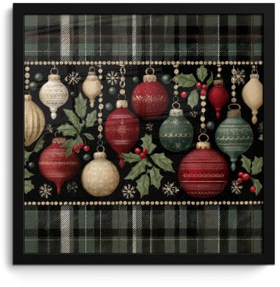 Poster in lijst - Fotolijst 40x40 cm - Posters - Kerstballen - Rood - Hulsttakken - Patroon - Posterlijst zwart - Decoratie - Wanddecoratie woonkamer - Muurdecoratie slaapkamer - Kerstversiering - Kerstdecoratie voor binnen - Kerstmis