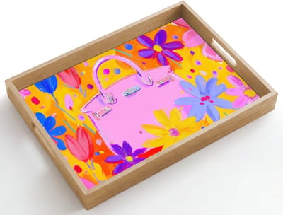 Dienblad hout 50x35 cm - Schootdienblad - Tas - Roze - Bloemen - Borrelplank rechthoek - Plateau dienbladen