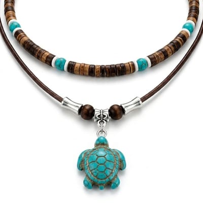 Layer ketting voor heren en dames met bruine kralenketting en koordketting met turquoise schildpad hanger – unisex sieraad