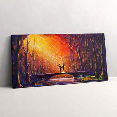 Wallfluent Foto Op Canvas Een verliefd stel geschilderd met waterverf - 100 x 50 cm - Claret Schilderij Canvas - Liefde Canvas Foto - Natuur Print Op Doek - Liefde Schilderijen Op Canvas Doek