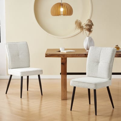 Wishdor - Set Van 2 Eetkamerstoelen - Tweedstructuur Met Lendensteun En Dik Zitkussen - Modern Ontwerp - Voor Eetkamer Of Woonkamer - Stoffen Bekleding Met Zwarte Metalen Poten - Crèmewit