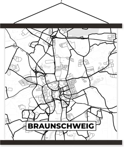 Posterhanger incl. Poster 60x60 cm - Schoolplaat - Braunschweig - Stadskaart - Kaart - Plattegrond - Textielposter - Zwarte latten - Stadskaart