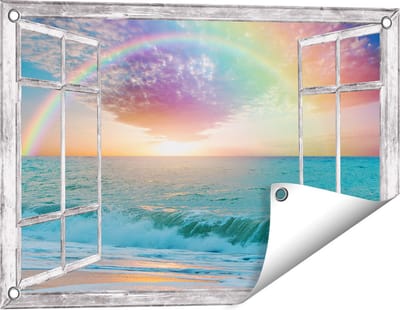 Gards Tuinposter Doorkijk Regenboog in het Water bij het Strand - 60x40 cm - Tuindoek - Tuindecoratie - Wanddecoratie buiten - Tuinschilderij