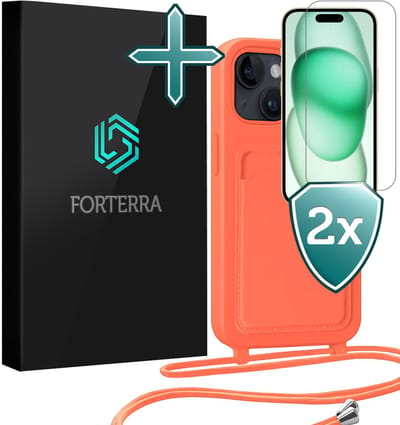 Hoesje Geschikt voor iPhone 15 Plus Pashouder Case Siliconen Hoes Met Koord Met 2x Screenprotector - Hoes Geschikt voor iPhone 15 Plus Met Telefoonkoord Hoesje Back Cover Met Pasjeshouder - Papaya