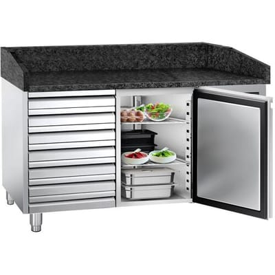 GGM Gastro Pizzakühltisch PREMIUM - 1500x800mm - mit 1 Tür & 7 Schubladen Zilver / Zwart