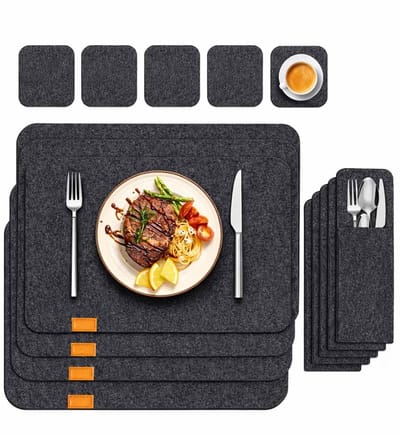 Vilten Placemat Set 12-delig – 4 Placemats, 4 Glasonderzetters en 4 Bestekhouders – Donkergrijs