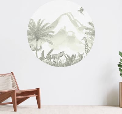 Muurcirkel zelfklevend behang - Jungle dieren in groen - Wanddecoratie - 080cm behangcirkel - Ronde sticker voor aan de muur - Behangsticker verkrijgbaar in verschillende formaten