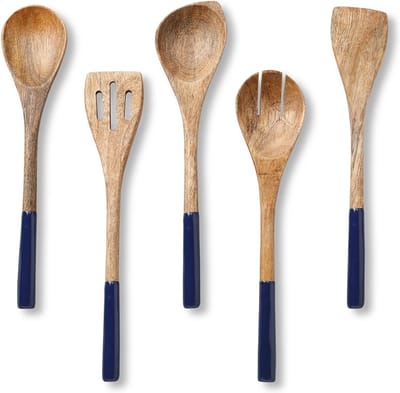 Oliva's - Keukengerei set - Kookgerei / Keukenset met o.a. spatels en opscheplepels - 5 delig - Blauw & Hout