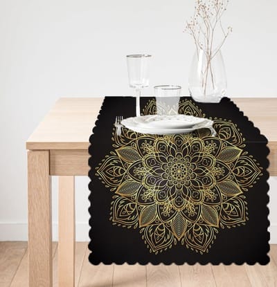 Velvet Textiel Tafelloper - Gold Mandala op Zwart - Fluweel - 45x135 - Decor - Decoratie - Tafelkleed - Tafelkleden - Tafellaken