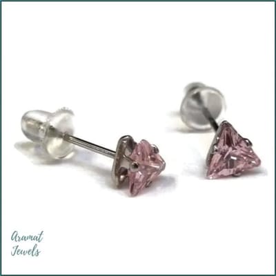 Aramat Jewels | Oorbellen | RVS Zweerknopjes Driehoek Zirkonia - Geometrische Studs | Zilverkleurig / 5 mm / Roze | |3mm | Staal | Kinderen, Volwassenen | Verkleurd niet
