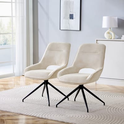 [Set van 2] 360° draaibare eetkamerstoel met witte stoffen bekleding: Zwart gelakt metalen frame met vier poten, witte ademende, gestructureerde stof, geschikt voor moderne eetkamers.