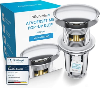 Universele afvoergarnituur voor wasbak en wastafel met overloop en pop-up-afvoerplug