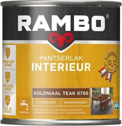 Rambo Pantserlak Interieur - Transparant Zijdeglans - Houtnerf Zichtbaar - Koloniaal Teak - 0.75L