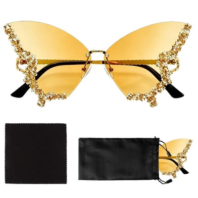 Dailygoods- Zonnebril Dames - Randloos Design met Diamantaccenten - Vlinderzonnebril - UV400 Bescherming - Inclusief Brillenhoesje - Perfect voor Festivals - Fashionbril
