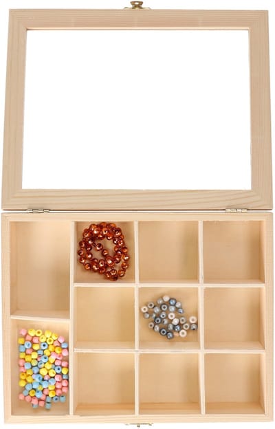 Hobby/kralen opbergdoos - 11-vaks - naturel - hout - 23 x 18 x 5 cm - knutselspullen opbergen