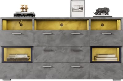 Merax Modern Sideboard 140 cm - Grijs - met LED-Verlichting en Transparante Acrylturen - 2 Deuren - 3 Lades en Open Opbergruimte - Onderkast - Stauschrank - Sideboard