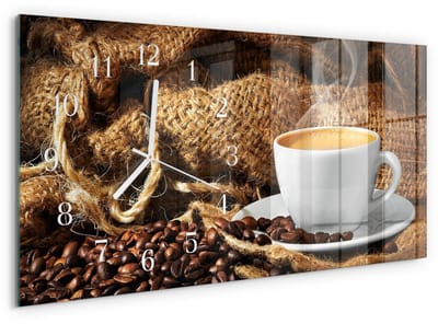 Tulup Wandklok - Koffiebonen Wandklok Glas Decoratie - 60x30 cm - Bruin Gekleurde Glazen Klok - Witte Handen - Rechthoekige Wandklok - Glazen Klok Met Print - Wandklok Glas Met Motief