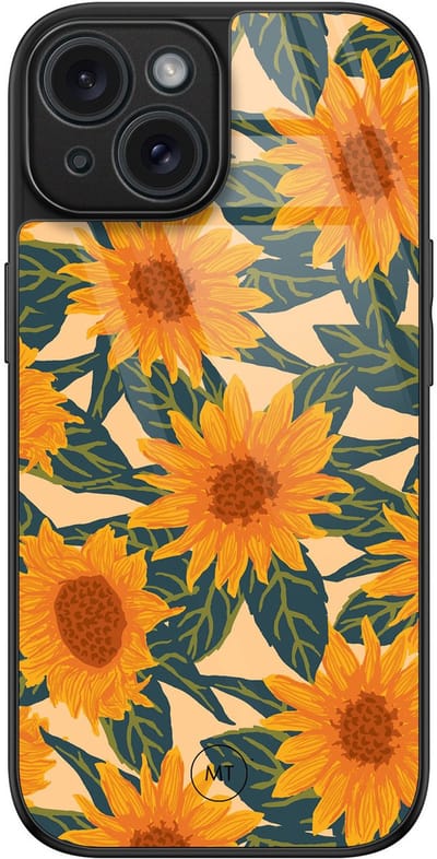 Hoesje geschikt voor iPhone 15 - Zonnebloemen - Luxe Hard Case - Natuur - Oranje - Mooie Telefoonhoesjes