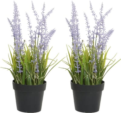 Everlands Lavendel kunstplant in pot - 2x - lila paars - D15 x H30 cm