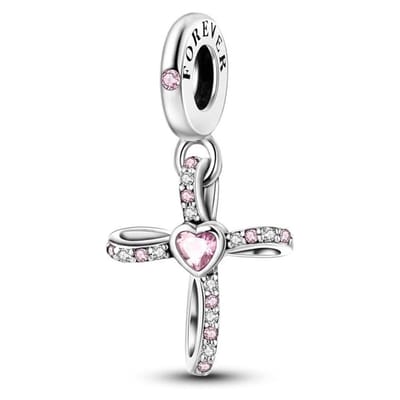 Fler® | Bedel | Past op populaire bedelarmbanden (standaard - 3mm) | Kruis met Roze Hart Bedel | Hangbedel Charm | 925 sterling zilver | Roze & Transparante Zirkonia | Valentijnsdag Cadeau | Sinterklaas kado | Kerstcadeau | Verjaardagsgeschenk