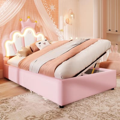 Pugsdrly Opbergbed, 90 x 200 cm, zonder matras, led-lichtband, met hydraulisch hefmechanisme, prinsessenbed in kroonvorm, verstelbaar hoofdeinde, PU, roze