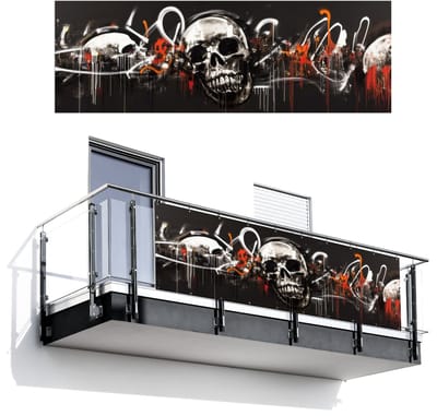 Balkonscherm 300x100 cm - Balkonposter Schedels - Kunst - Donker - Rood - Balkon scherm decoratie - Balkonschermen - Balkondoek zonnescherm