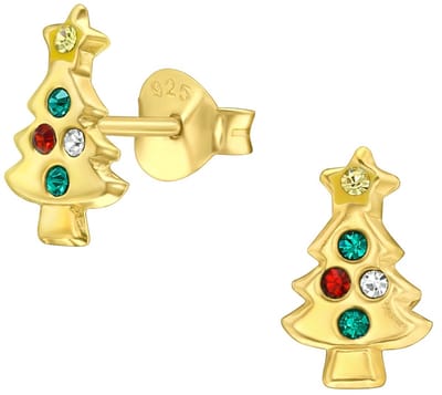Joy|S - Zilveren kerstboom oorbellen - 6 x 10 mm - gold plated met kristalletjes - kerst oorknoppen - kinderoorbellen - goudkleur