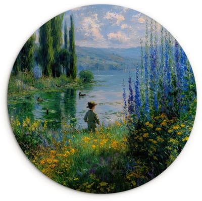 WallCircle® Wandcirkel 120x120 cm - Muurcirkel Bloemen - Meer - Bergen - Groen - Muurdecoratie woonkamer - Wanddecoratie slaapkamer - Kamer decoratie accessoires - Ronde schilderijen XXL